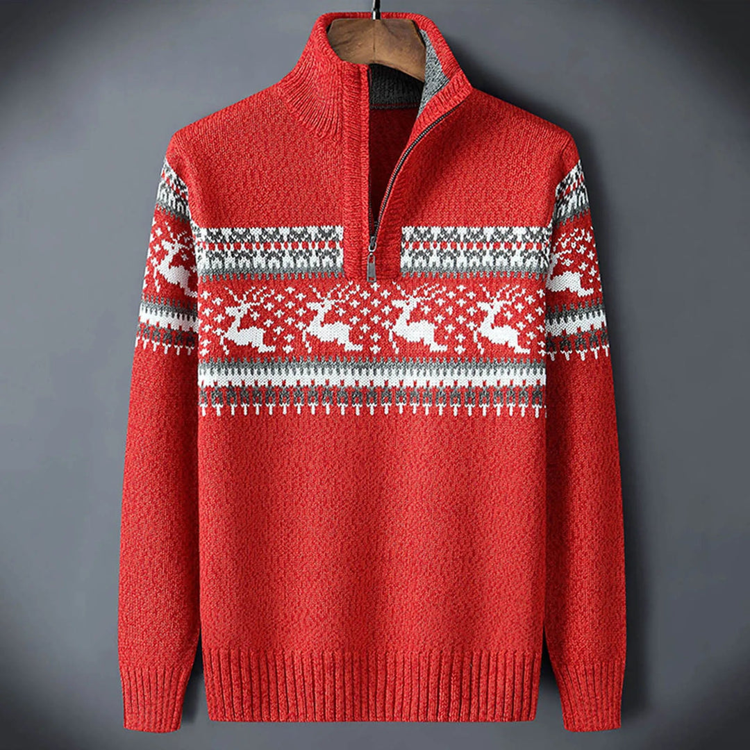 Warm men's Fair Isle half-zip sweater for winter comfort. Classic patterned pullover, ideal for festive holiday fashion.