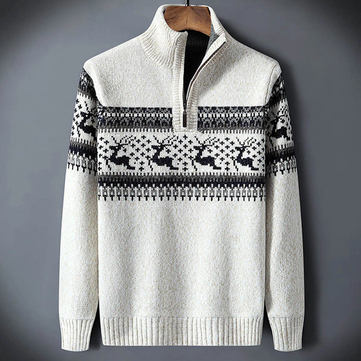 Cozy men's long sleeve Fair Isle half-zip sweater. Classic patterned knit pullover for stylish winter warmth.