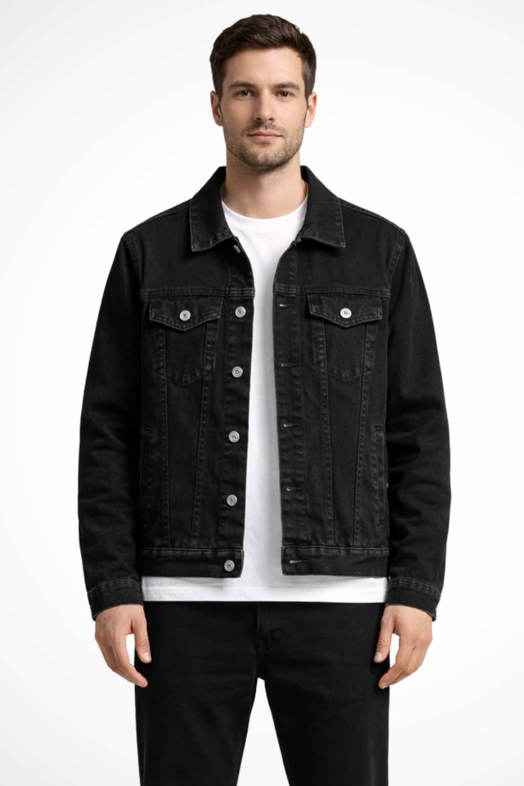 Men's Classic Fit Button-Up Denim Jacket in a timeless blue wash. Perfect for versatile everyday casual wear.