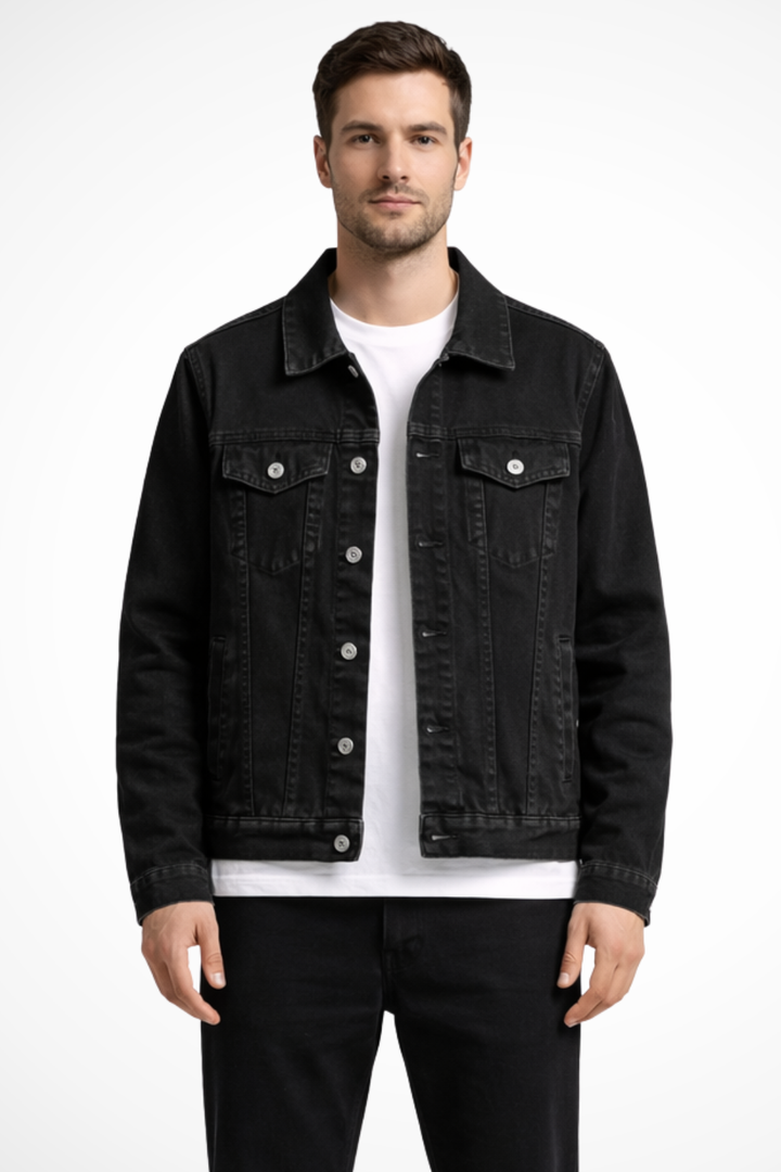 Men's Classic Fit Button-Up Denim Jacket in a timeless blue wash. Perfect for versatile everyday casual wear.