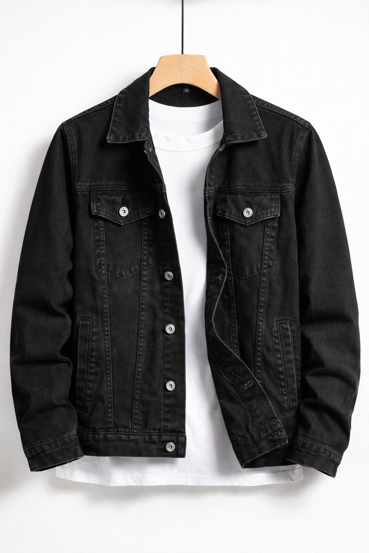 Classic fit men's denim jacket with button-up front. Durable outerwear, ideal for layering & casual style.