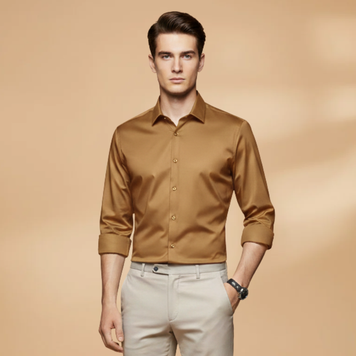Men's collared long sleeve button-down shirt hanging, highlighting its clean, versatile design.