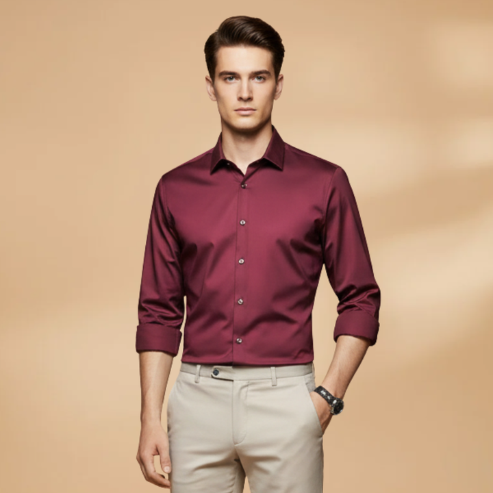 Close-up of collared men's button-down shirt, showcasing quality and versatile design.
