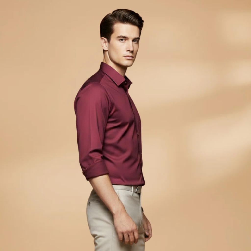 Man wearing a stylish long sleeve button-down shirt for a smart casual office look.