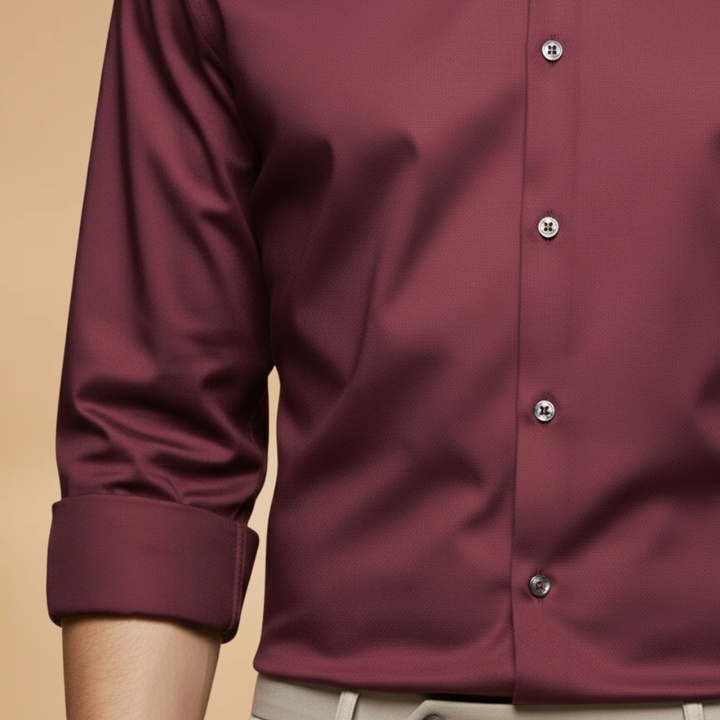 Back view of a men's classic fit long sleeve collared shirt, showing comfortable silhouette.