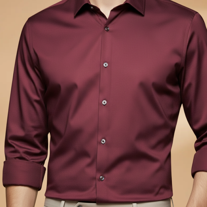 Textured fabric detail of a versatile men's long sleeve button-down shirt.