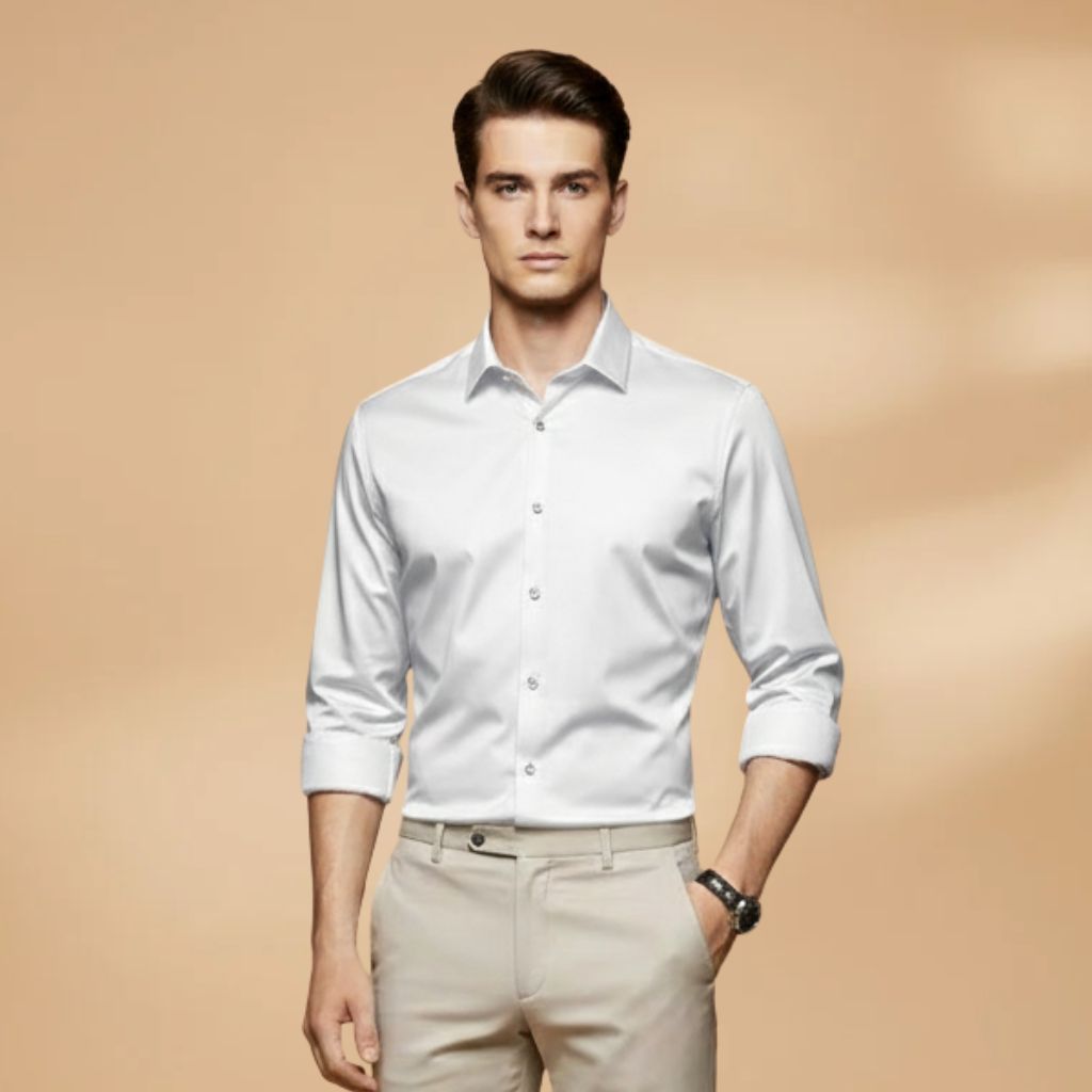 Neatly folded men's versatile long sleeve shirt, ready for travel or everyday use.