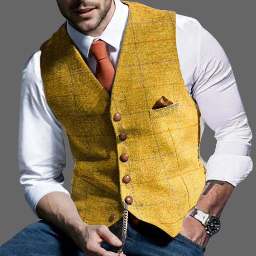 Sharp tailored men's formal vest in a classic style, essential for professional events and layered fashion.