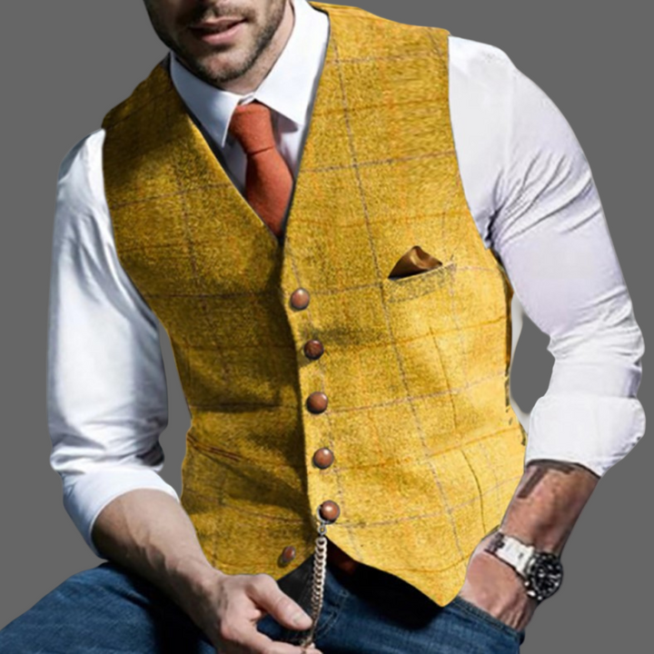 Sharp tailored men's formal vest in a classic style, essential for professional events and layered fashion.