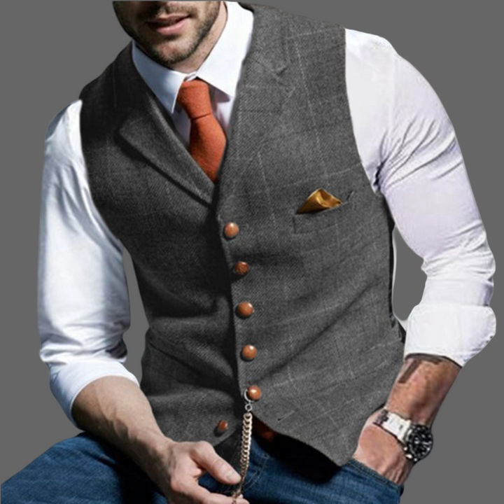 Classic men's v-neck suit vest, ideal for layering in smart casual or full formal men's fashion ensembles.