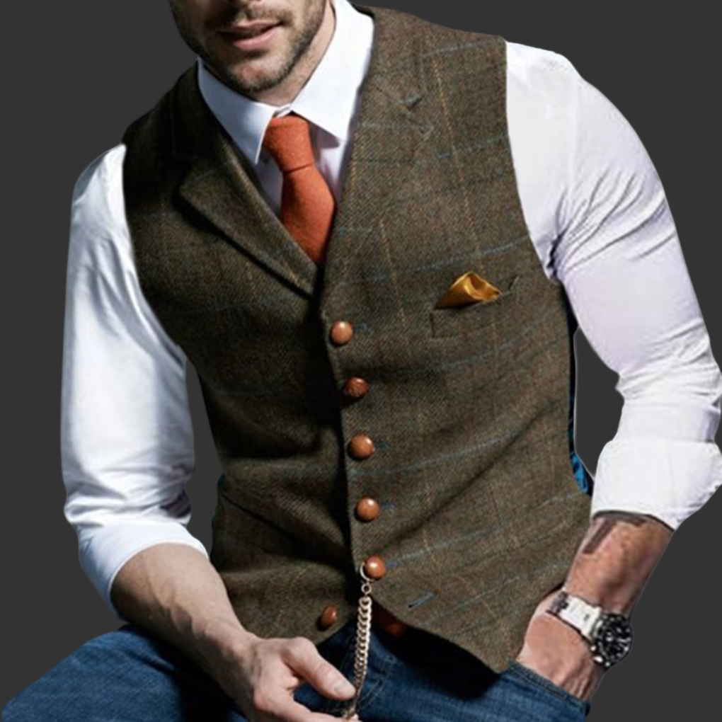 Men's classic double-breasted v-neck tailored vest, a versatile and timeless addition to formal wear.