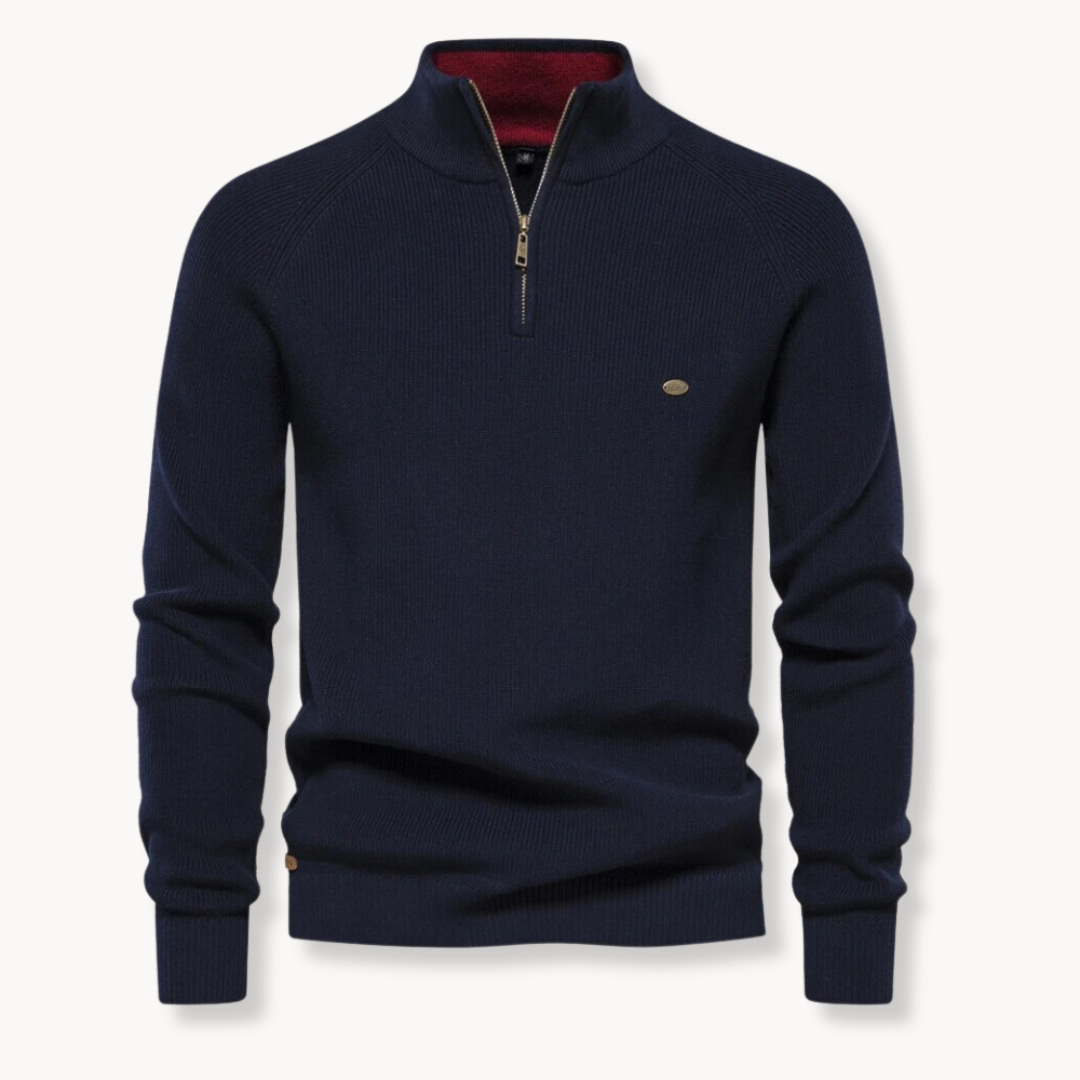 Men's classic half-zip ribbed sweater in charcoal, perfect for layering & casual comfort. Long sleeve pullover style.