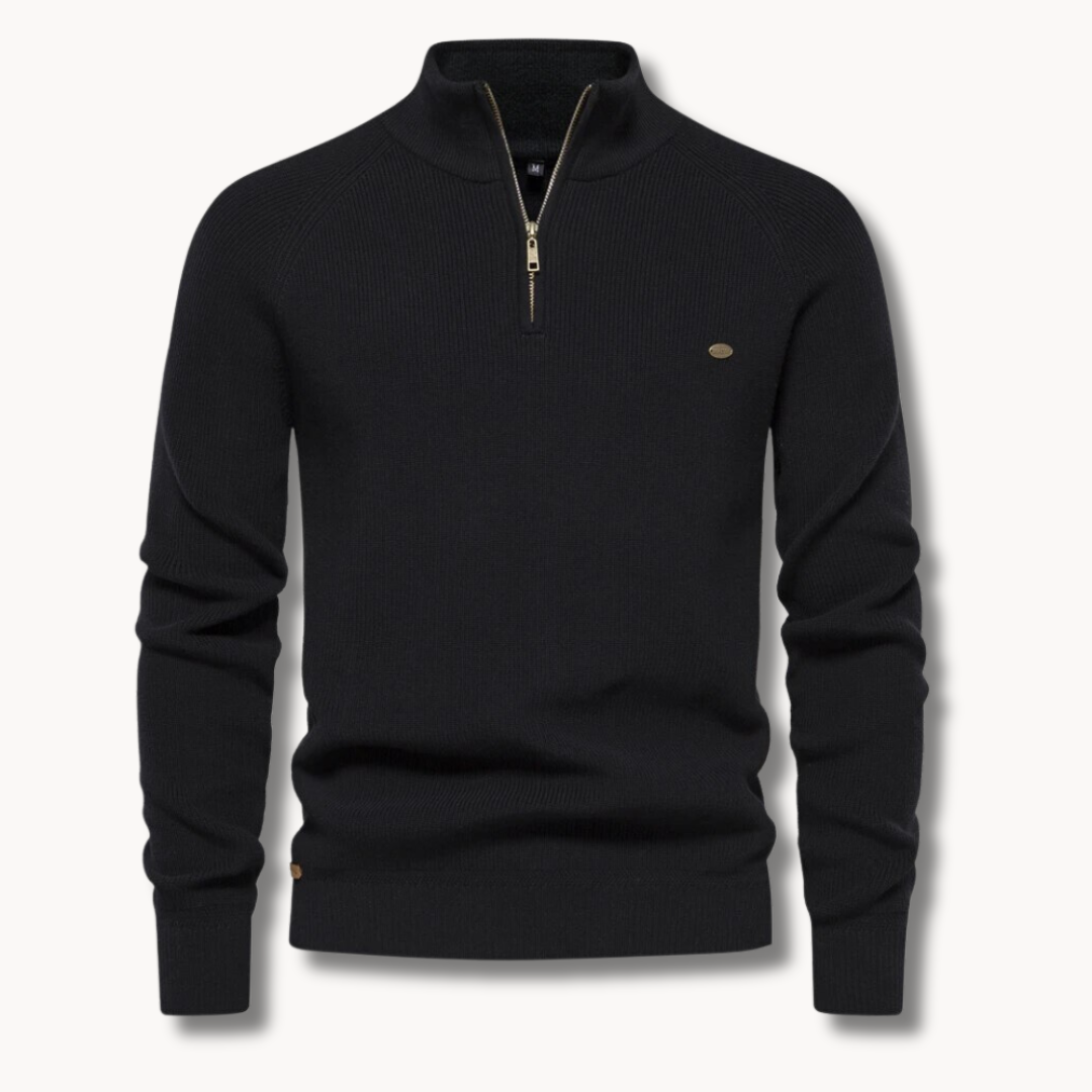 Stylish men's ribbed half-zip sweater in navy, ideal for versatile casual wear & layering. Comfortable long-sleeve pullover.