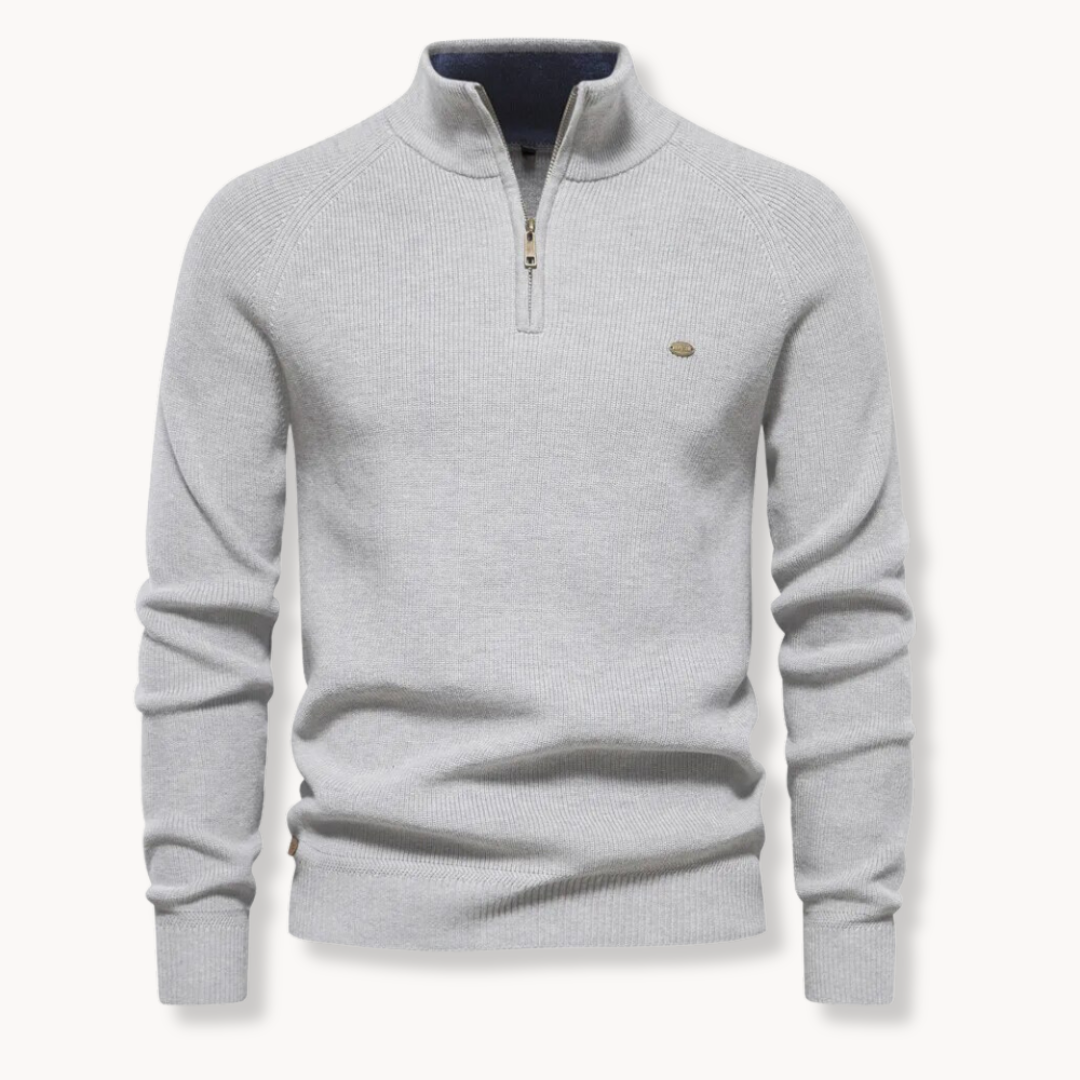 Warm men's long-sleeve half-zip ribbed sweater, featuring a comfortable mockneck & stylish texture. Ideal for winter layering.