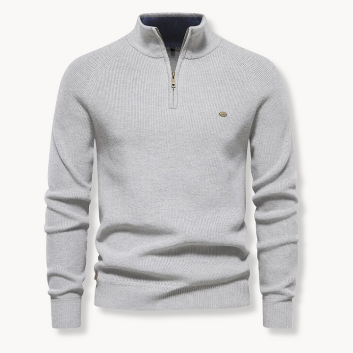 Warm men's long-sleeve half-zip ribbed sweater, featuring a comfortable mockneck & stylish texture. Ideal for winter layering.