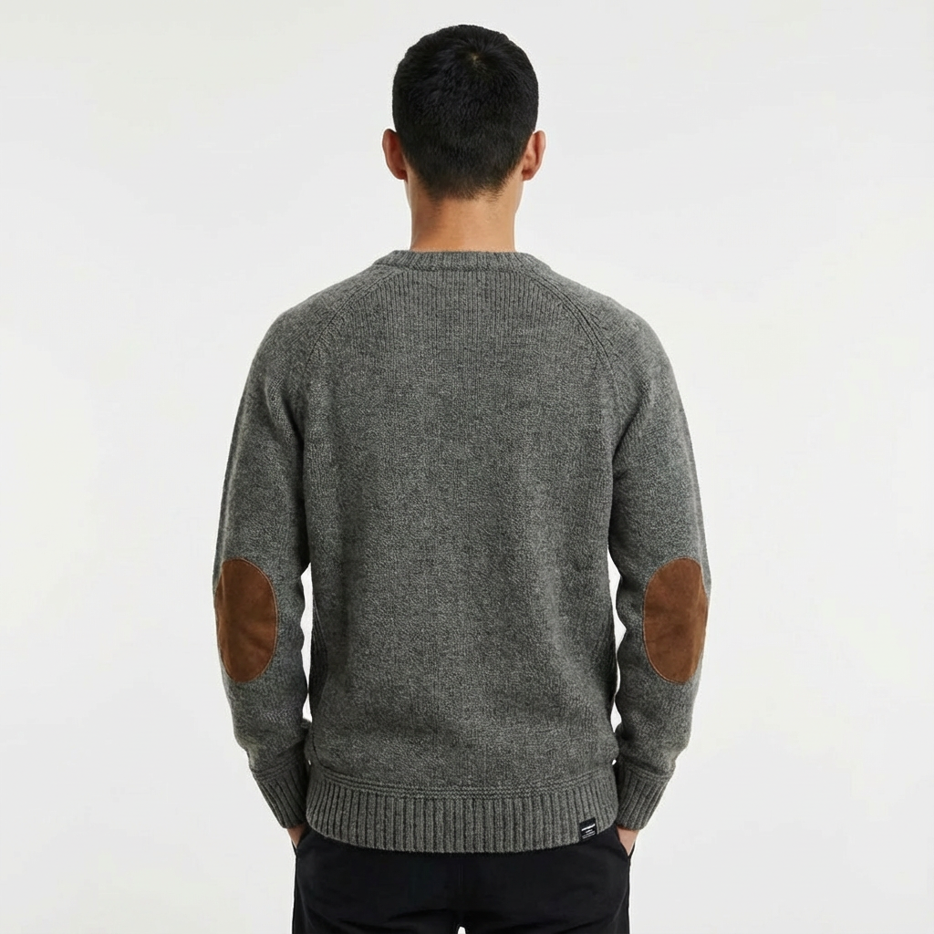 Versatile men's pullover sweater in a soft knit, featuring distinctive corduroy elbow details.