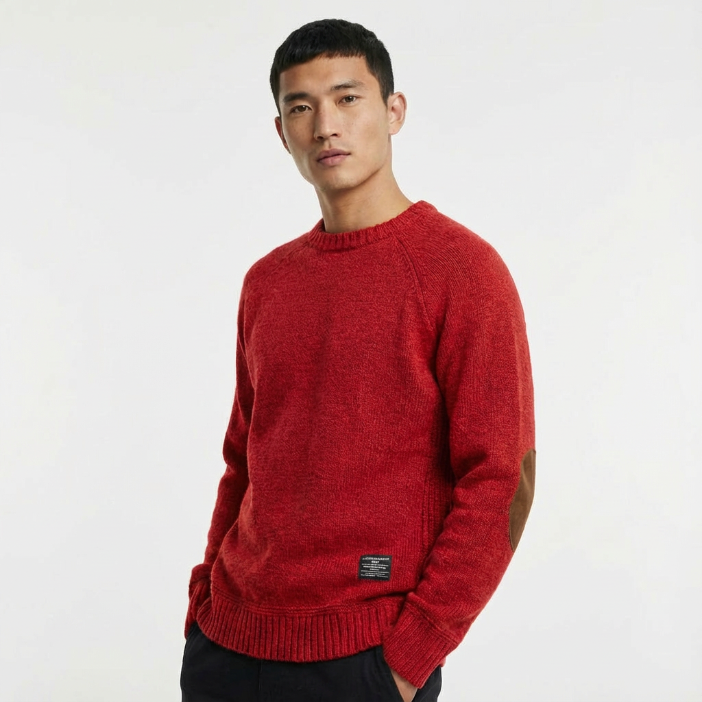 Comfortable men's fashion sweater, a timeless design elevated by corduroy elbow patches.