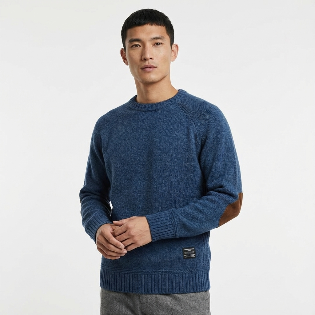 Stylish men's classic sweater with corduroy elbow patches, ideal for casual and smart wear.