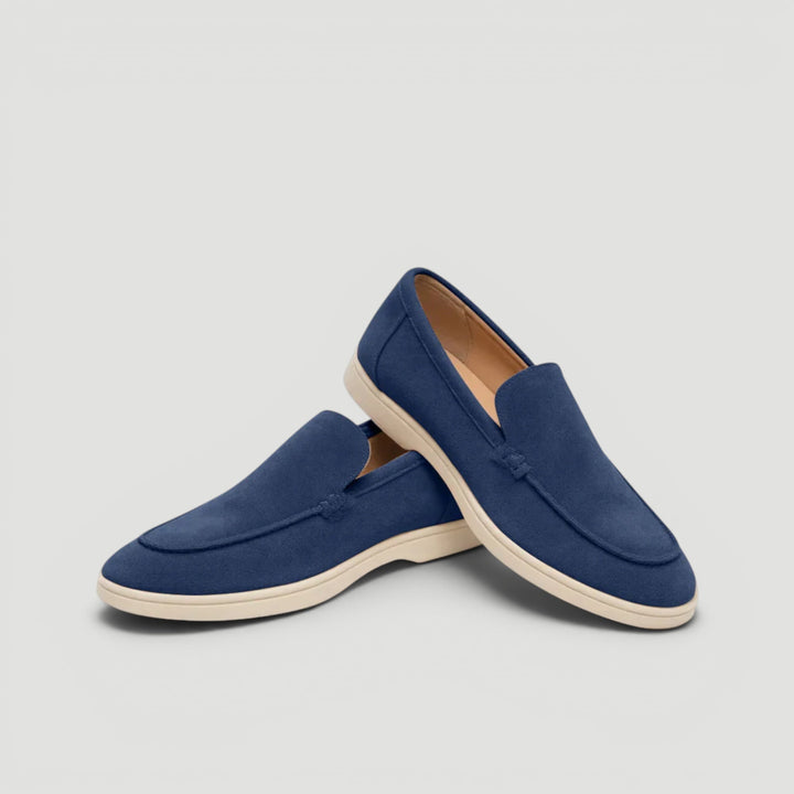 Elegant suede slip-on loafers for men, smart-casual summer shoes for beach, vacation & comfort.