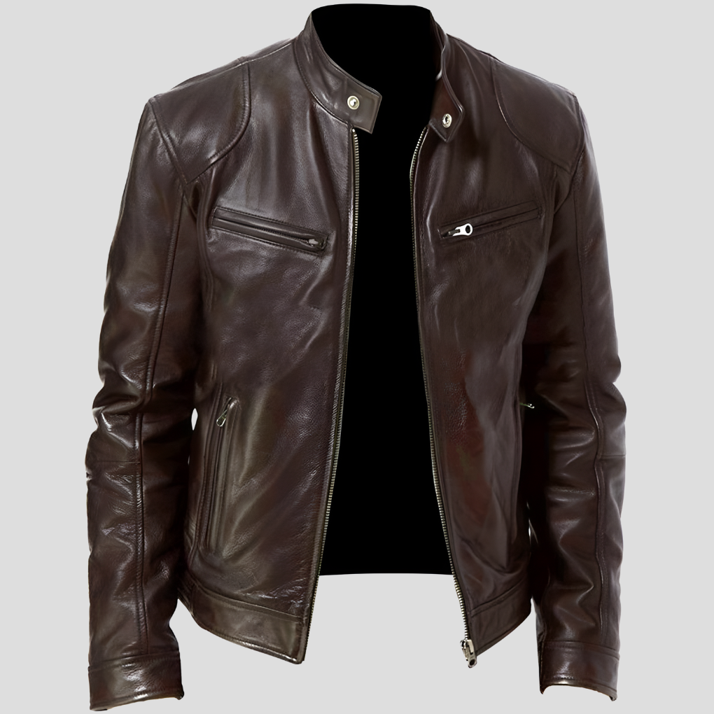 Stylish men's leather style jacket, classic outerwear. Versatile for casual wear, ideal for spring & fall outfits.