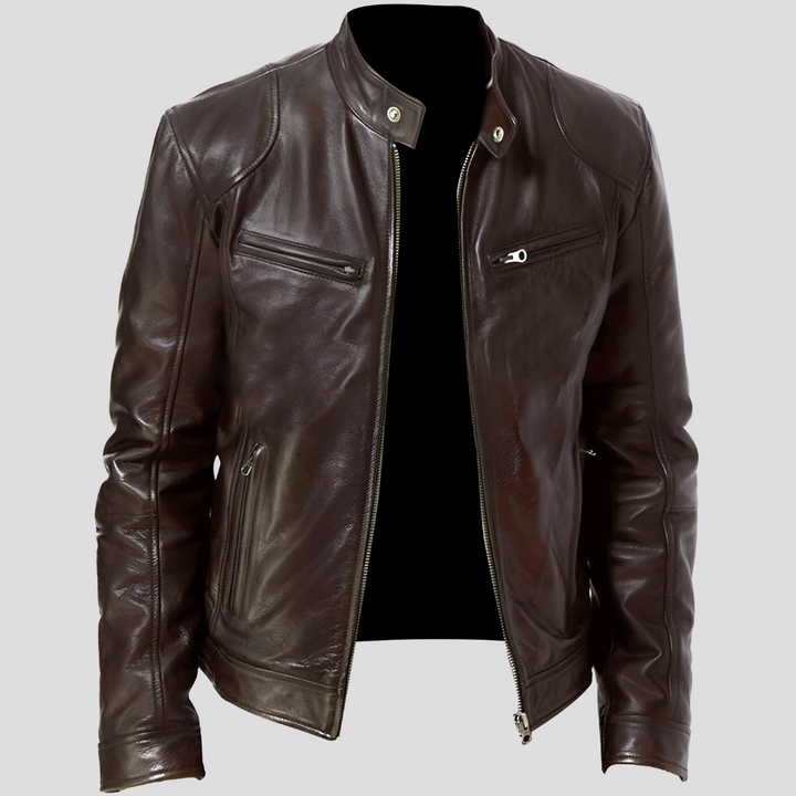 Stylish men's leather style jacket, classic outerwear. Versatile for casual wear, ideal for spring & fall outfits.