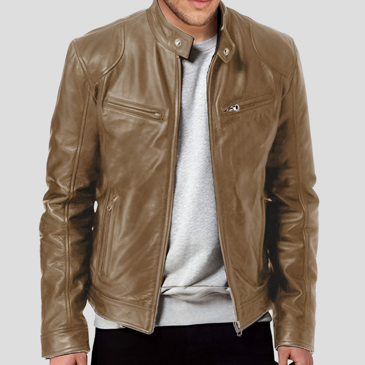 New men's leather style jacket, classic bomber design with a sleek finish. Essential for modern mens fashion.