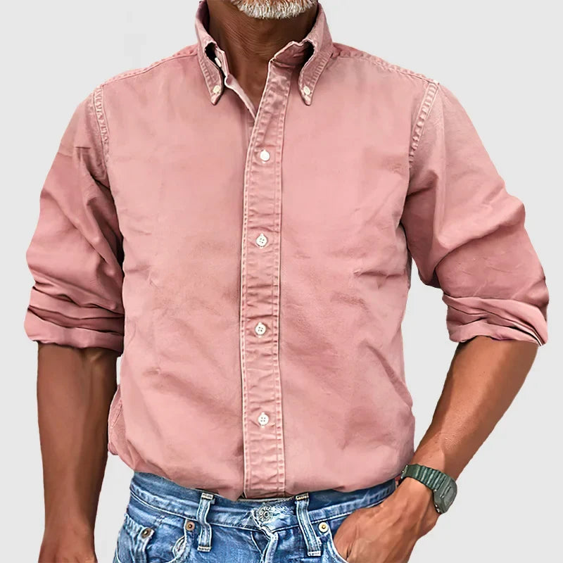 Back view of a men's classic long-sleeve shirt, highlighting the comfortable fit and timeless cut.