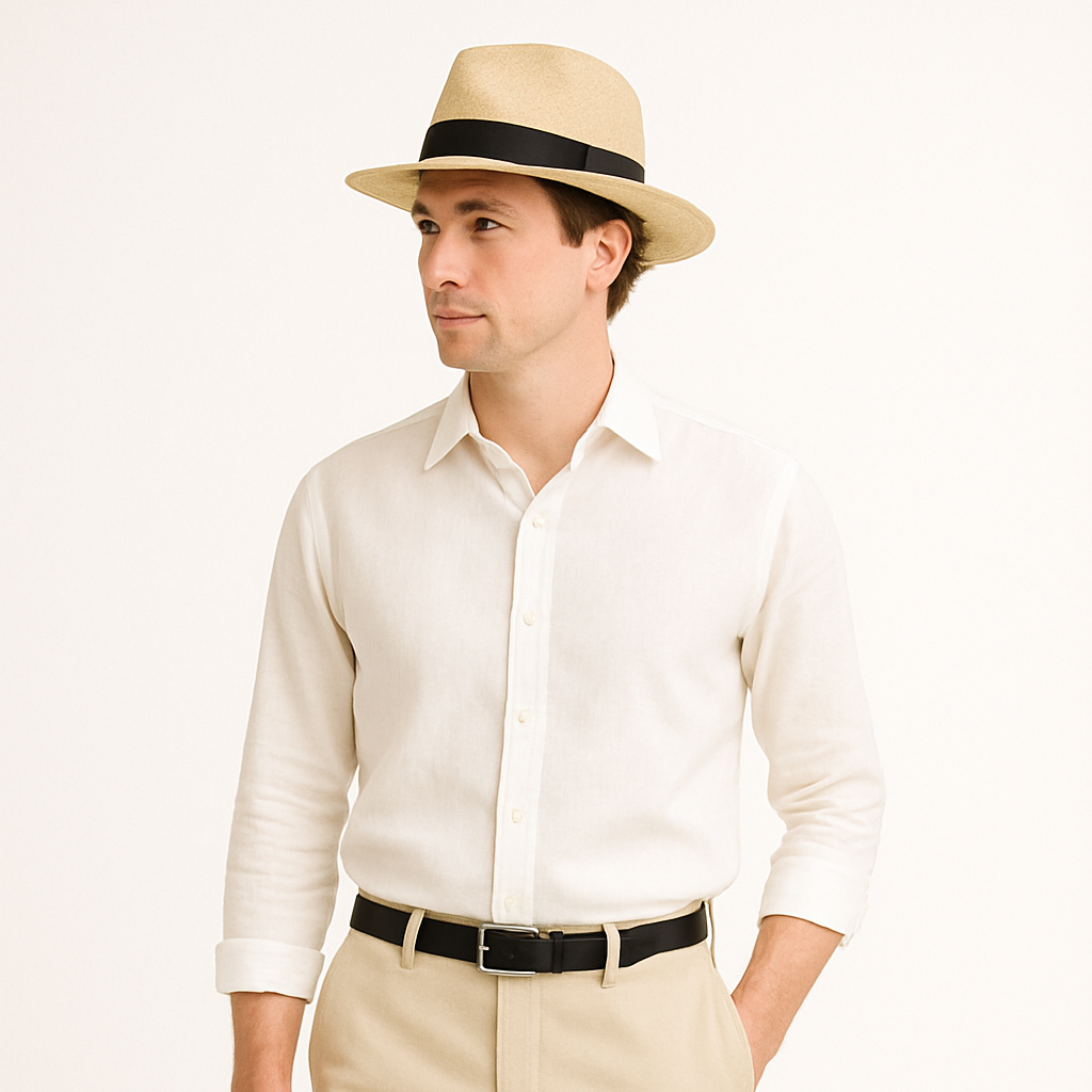 Men's classic Panama summer hat with wide brim, perfect for timeless warm-weather style and sun protection.