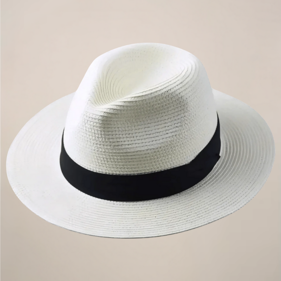 Men's classic wide-brim Panama straw hat, a lightweight summer sun hat for stylish outdoor protection.