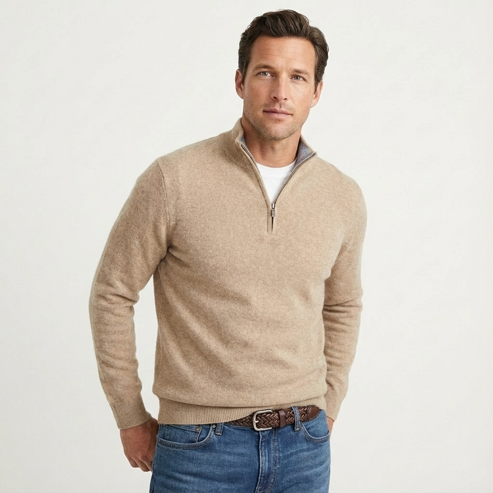 Timeless men's quarter-zip jumper. Versatile long-sleeve knit pullover ideal for smart-casual everyday fashion.