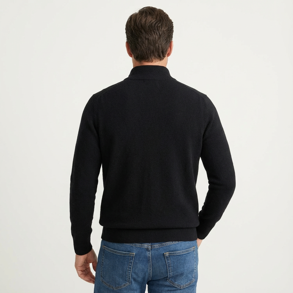 Soft knit men's quarter-zip pullover, ideal for layering or smart-casual fashion. Long sleeve top.