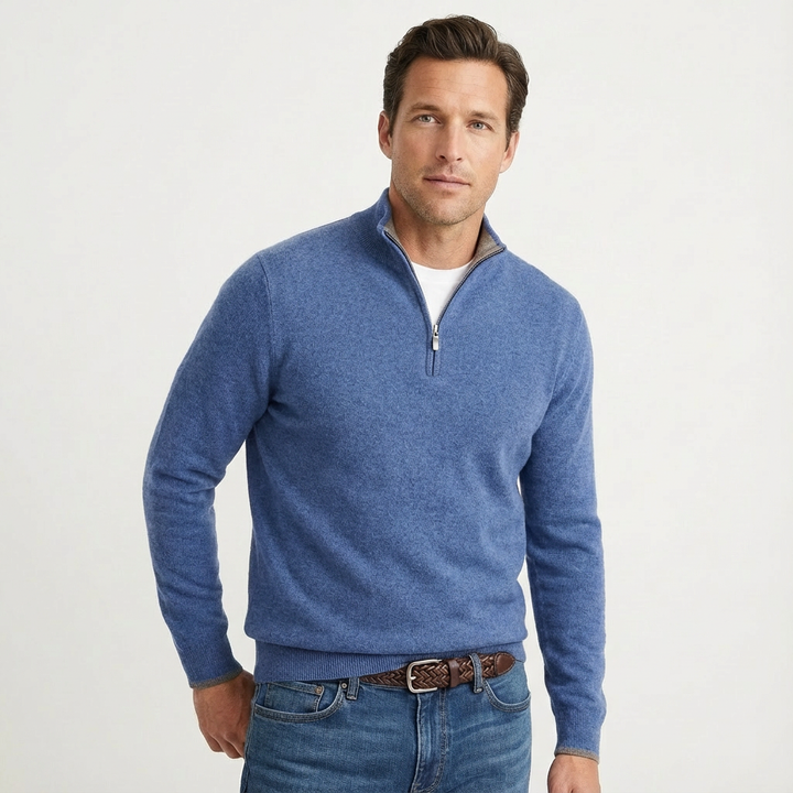 Men's quarter-zip jumper, a classic long-sleeve knit pullover for versatile smart-casual fashion.