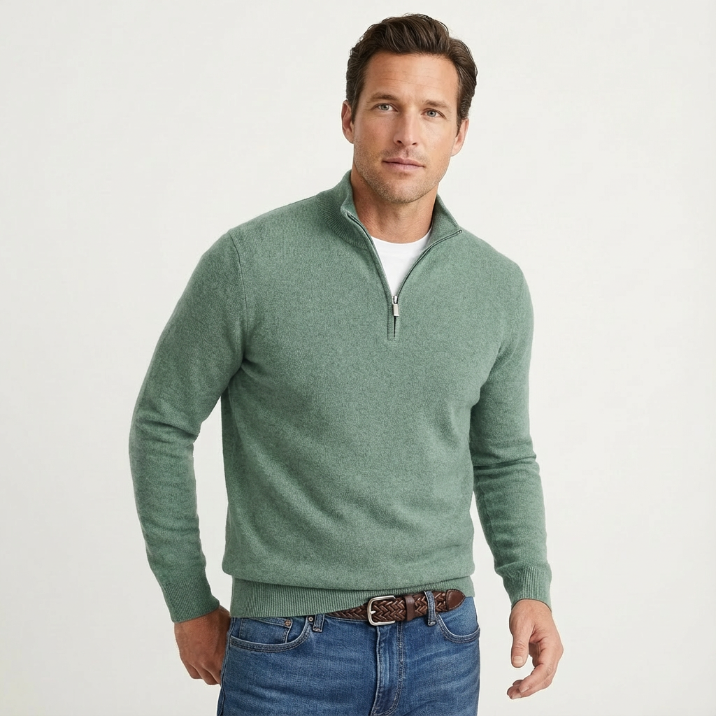Essential men's quarter-zip knit top, perfect as a versatile long-sleeve pullover for any smart-casual look.