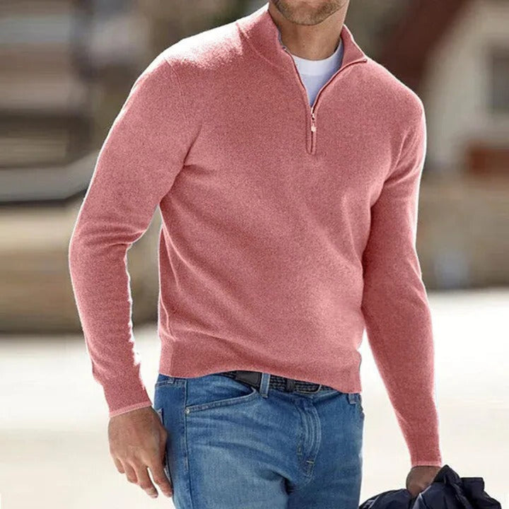 Men's classic quarter-zip sweater, a versatile knitted long-sleeve top for effortless smart casual layering.