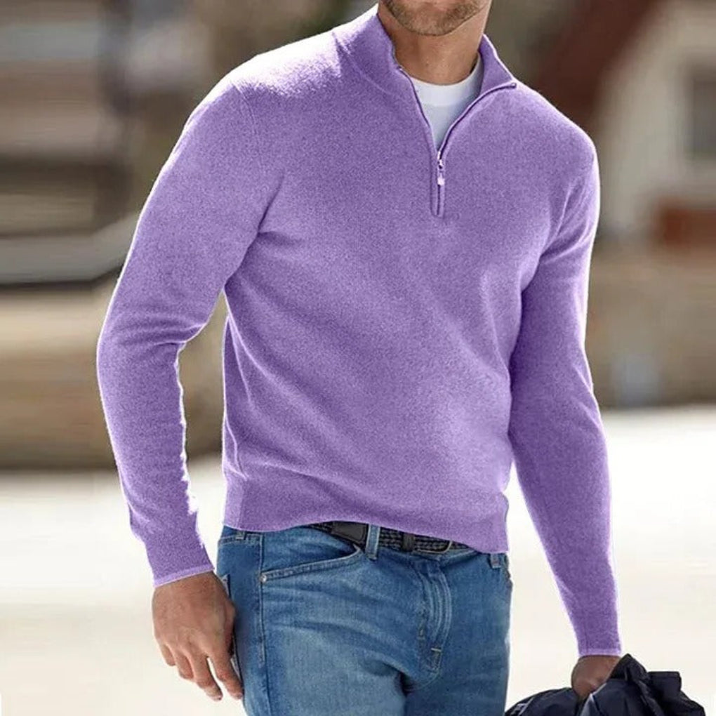 Comfortable men's knitted quarter-zip sweater for everyday wear. Ideal long-sleeve for all-season smart casual fashion.