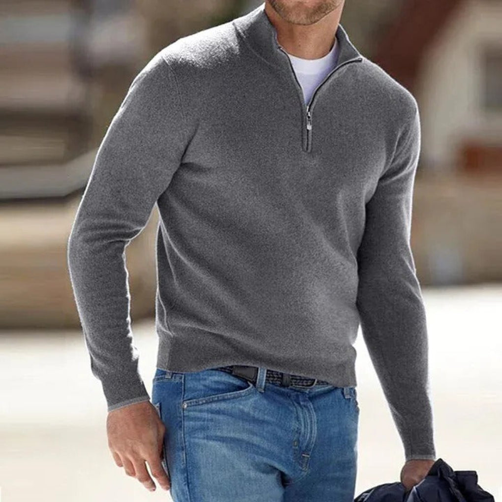 Stylish men's quarter-zip sweater, a versatile long-sleeve piece for effortless casual & smart casual outfits.