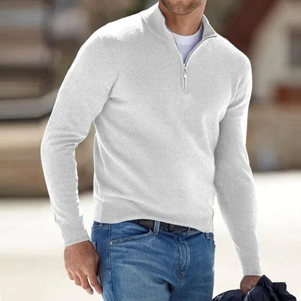 Soft men's long-sleeve quarter-zip sweater, offering comfortable everyday wear and easy layering for any season.