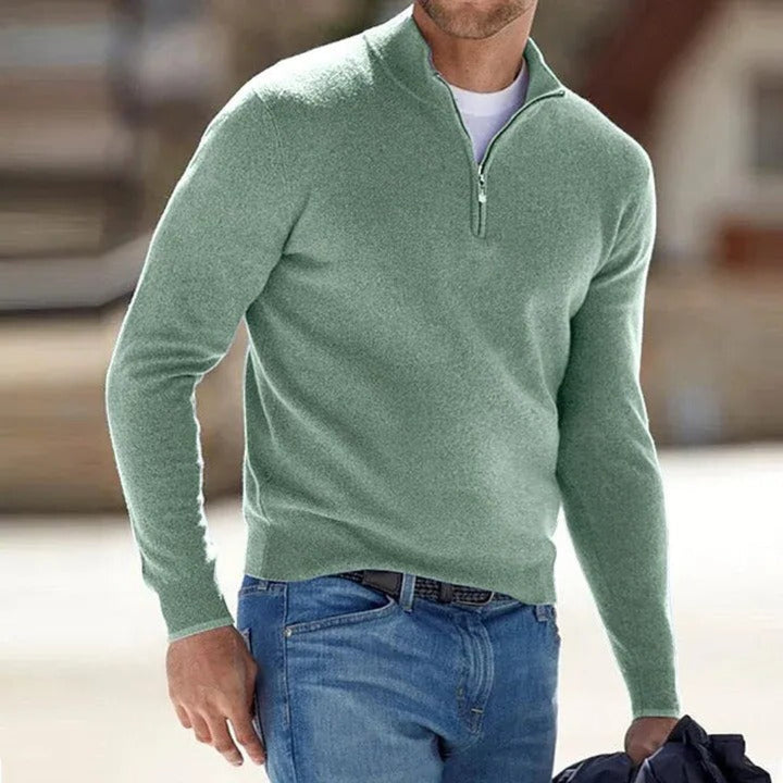 Versatile men's quarter-zip knitted sweater, great for all-season layering, men's fashion, and smart casual looks.