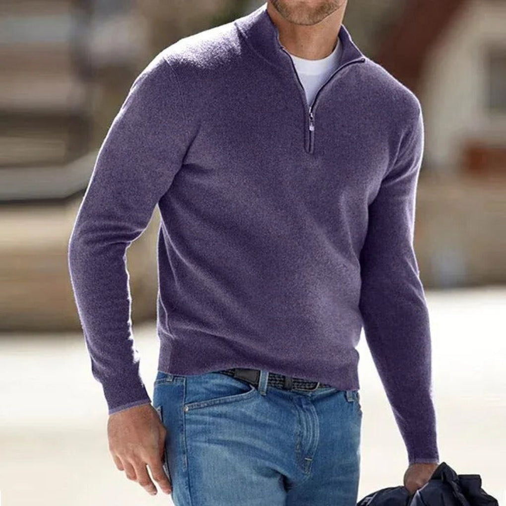 Close-up of a men's knitted long-sleeve quarter-zip sweater, highlighting texture, quality, and smart casual appeal.
