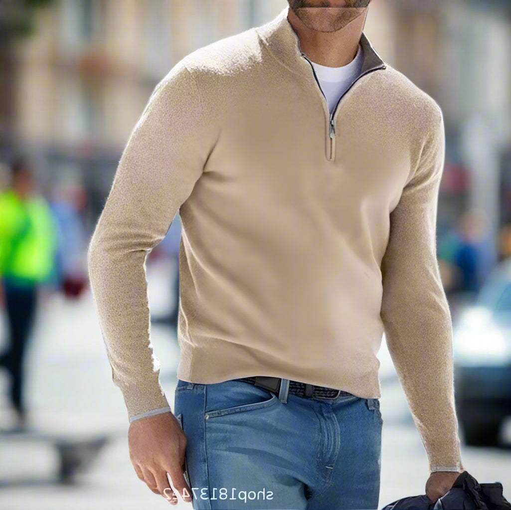 Essential men's quarter-zip sweater, a comfortable long-sleeve top for everyday wear and smart casual layering.