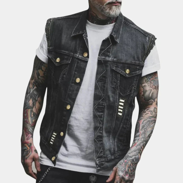 Men's classic retro denim vest with button closure. Vintage style sleeveless jacket, perfect for casual wear and layered looks.