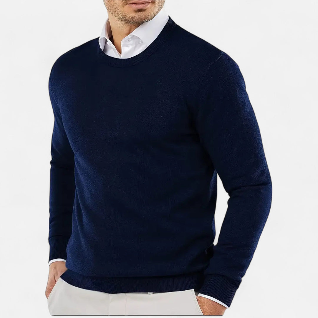 Men's classic knit round neck sweater. Versatile crewneck pullover for autumn & winter style.