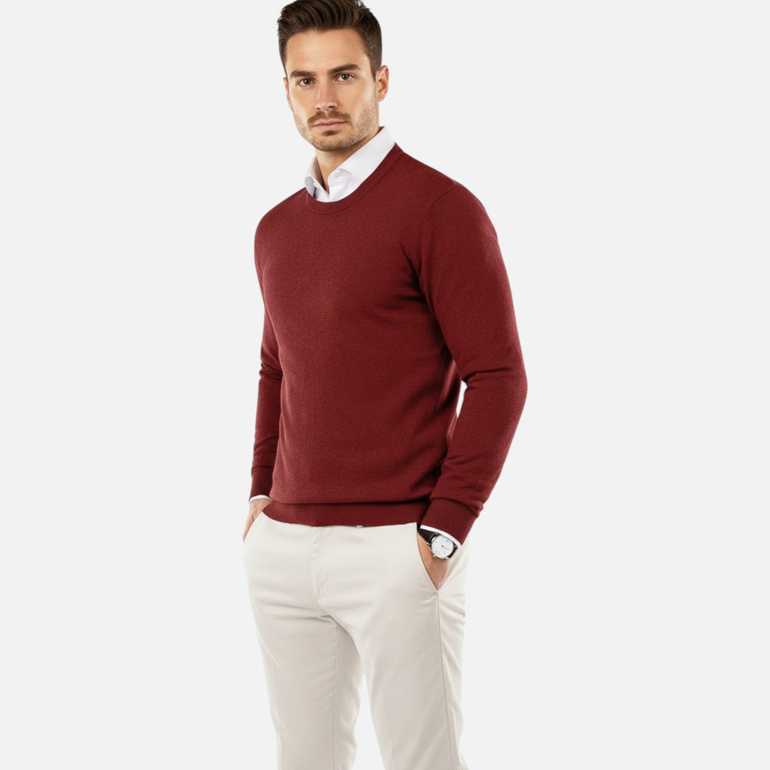 Soft knit men's round neck sweater. Ideal long sleeve pullover for casual autumn & winter outfits.