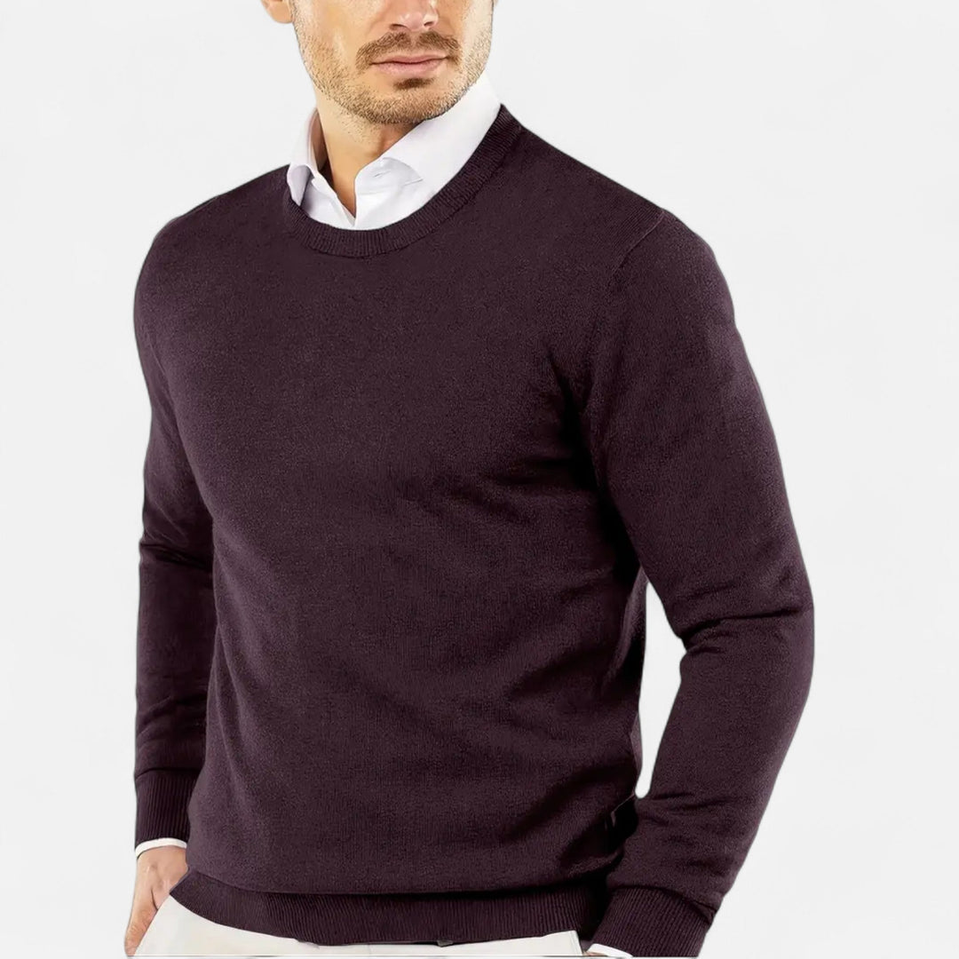 Winter men's knit sweater. Classic round neck pullover for stylish autumn & winter layering.