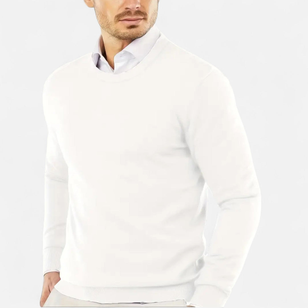 Cozy men's knit round neck sweater. Essential long sleeve pullover for layering in cooler weather.