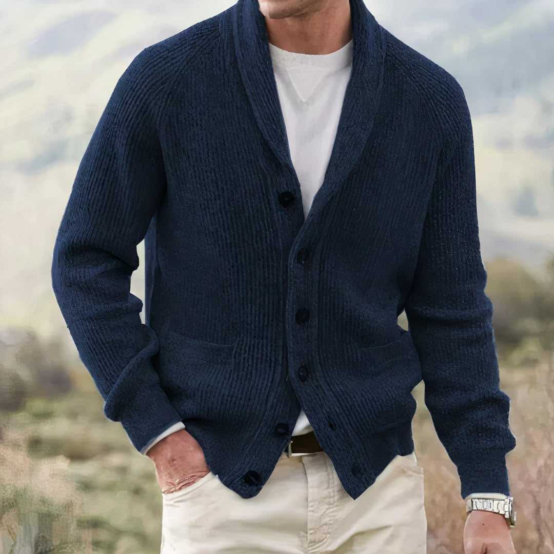 Men's classic shawl collar button front cardigan. Warm knitwear, perfect for fall and winter men's fashion.