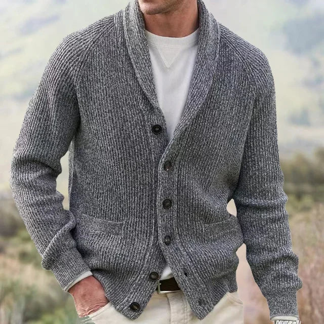 Versatile men's shawl collar cardigan sweater. Ideal smart casual layering for office wear or everyday fall fashion.