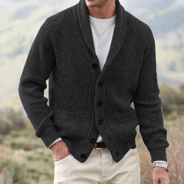 Cozy men's shawl collar cardigan sweater with button front. Essential men's knitwear for casual fall & winter fashion.