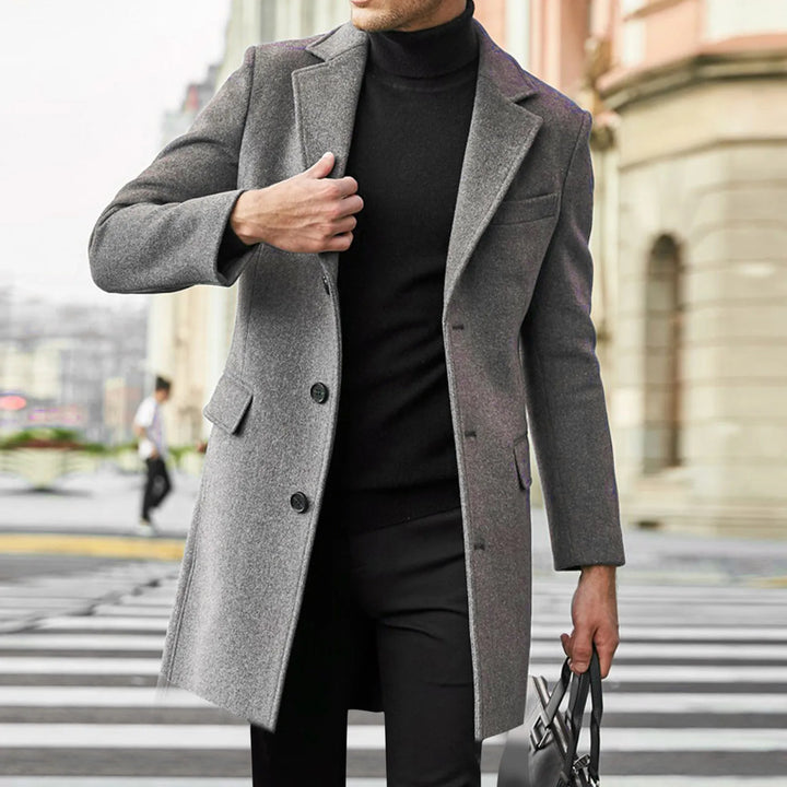 Men's classic single-breasted long overcoat. Stylish winter coat with notched lapel, perfect for formal or casual cold weather.