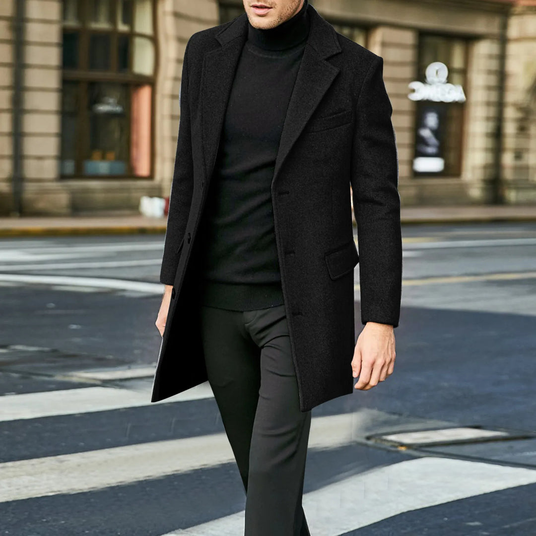 Timeless men's long overcoat, single-breasted winter jacket. Ideal classic outerwear for cold weather and formal fashion.